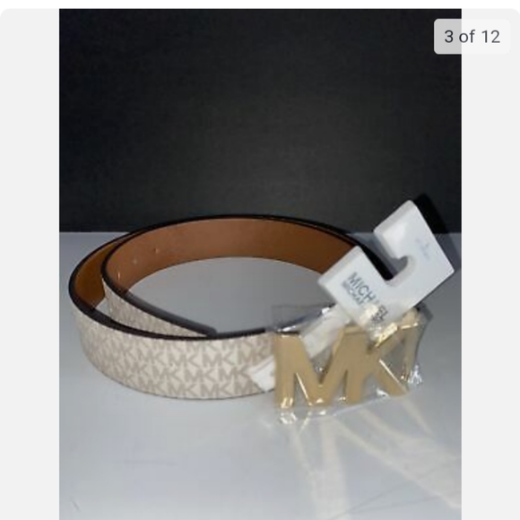 MICHAEL KORS BELT VANILLA PRINTED MK LOGO WITH GOLD MK LOGO BUCKLE - Picture 4 of 9